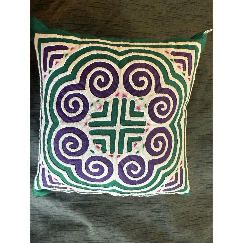 VTG Quilted Pillow Embroidered Purple & Green Hand Made Folk Art holiday 6x6